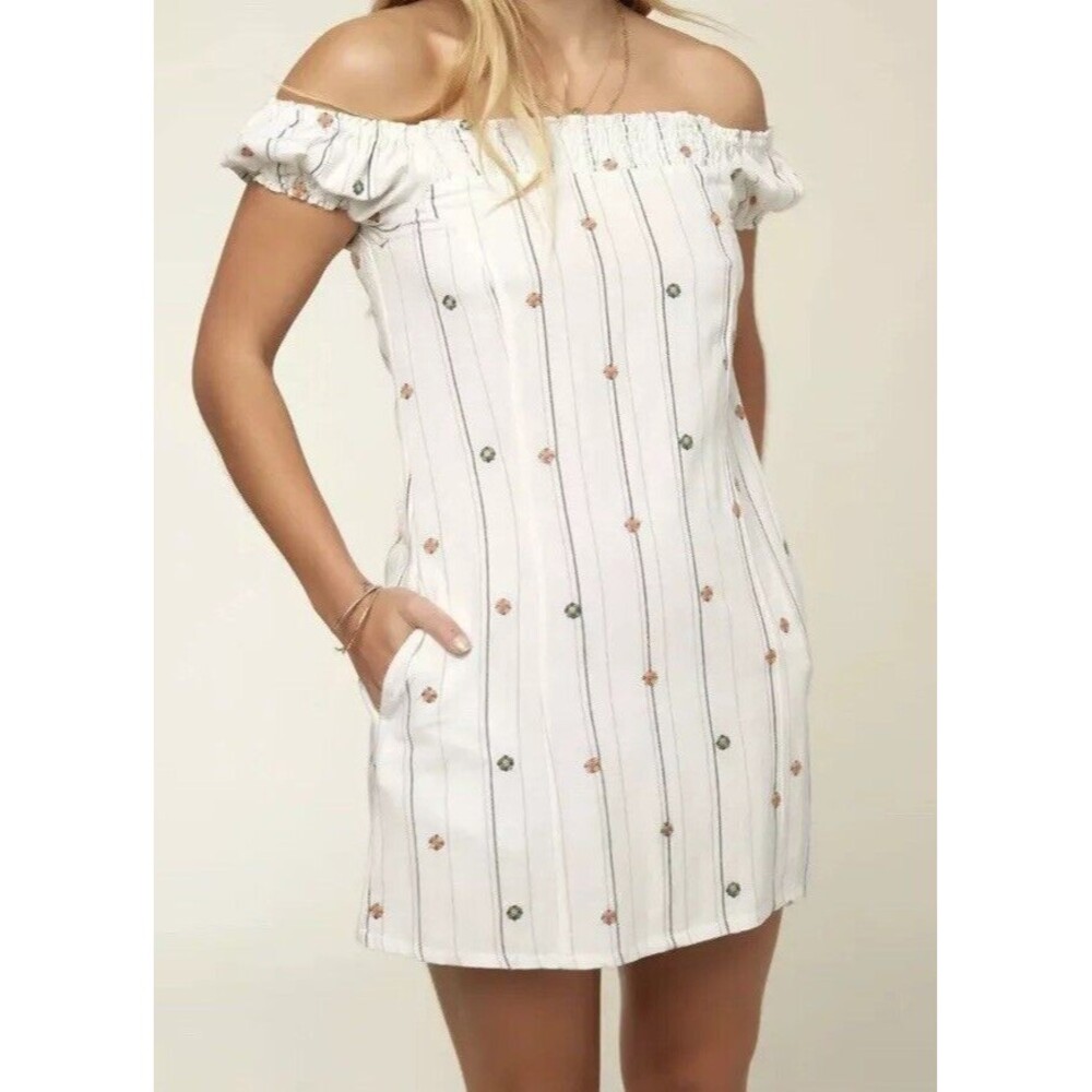 O'NEILL Mia White Embroidered Flowers Off Shoulder Pockets Mini Dress L NEW